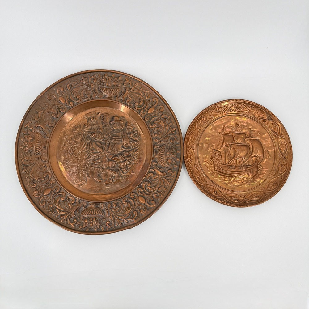 Vintage Copper Wall Plaques Set 2 Embossed Ship Old World Scene Metal Decor